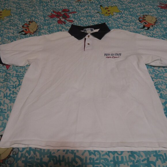 Vintage 90s Phys Ed Staff Gym Closet Embroidered Polo Made in USA Large White - Picture 1 of 5